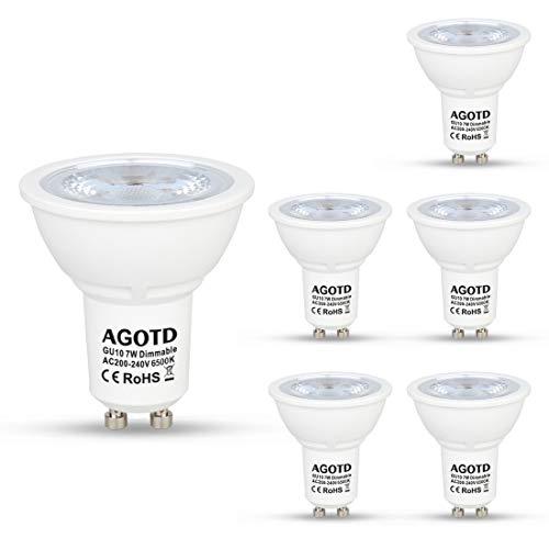 AGOTD Regulable Bombillas LED Gu10 7w, Lampara de Led GU10, Blanco Frío 6500K, 560Lm, Lampara halogenos Equivalentes a 50 Watt, Casquillos Led gu 10, 230V,Spot Luz Led,Pack de 6