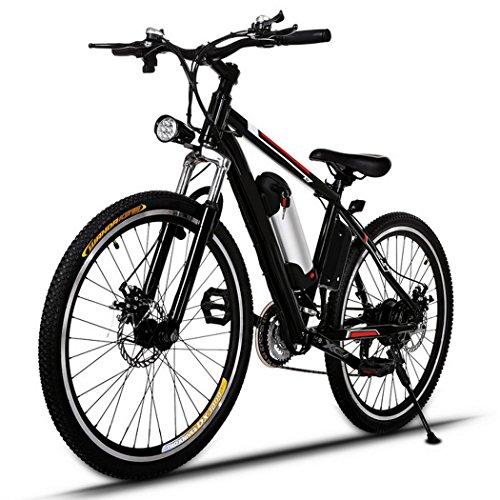 AMDirect Bicicleta de Montaña Eléctrica de 26 Pulgadas E-Bike Sistema de Transmisión de 21 Velocidades con Linterna con Batería de Litio Desmontable 250W 36V, Negro