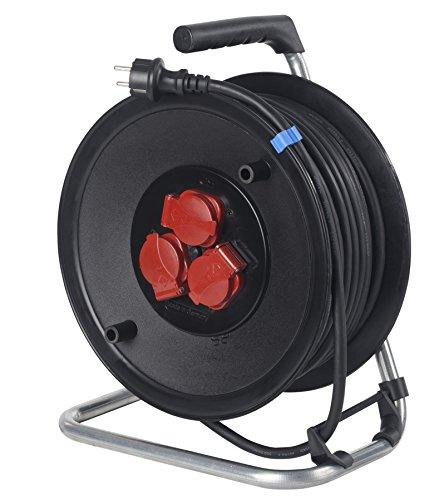 AS Schwabe 10135 - Carrete alargador de cable (metal, 50 m, H05RR-F 3G1,5, IP44 en exteriores), color negro