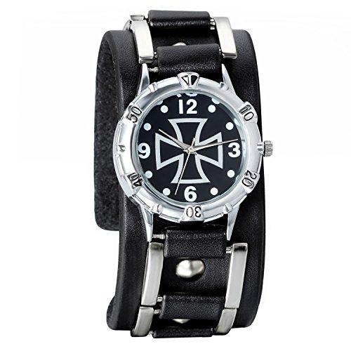 Avaner Reloj de Pulsera Punky Rock Grande Reloj Hip Hop para Hombre, Cruz Reloj de Cuero Negro, Cuarzo Reloj Deportivo Original