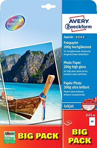 Avery Zweckform 2572-50 - Pack de 50 hojas de papel fotográfico brillante para impresoras, 210 x 297 mm, color blanco