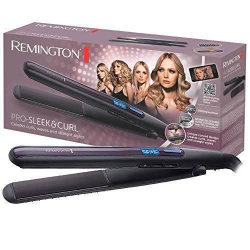 Remington Pro Sleek & Curl S6505 - Plancha de Pelo, Cerámica Avanzada, Digital, Rizador y Alisador, Negro y Morado