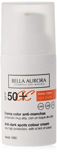 Bella Aurora Crema Facial con Color y Protección Solar 50+ Anti-Manchas para Piel Normal o Seca, Tono Claro 30 ml