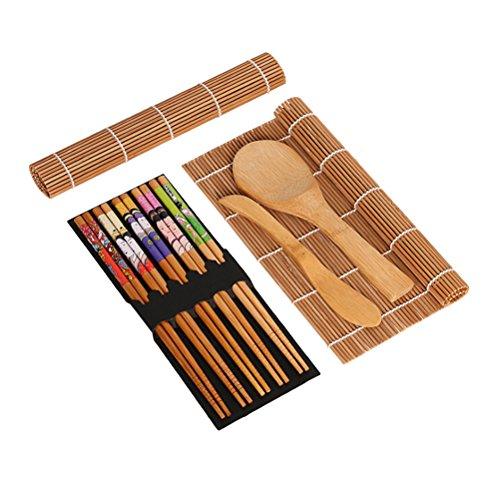 BESTONZON 15pcs kit de sushi de bambú que hace con 2 cintas de correr 5 pares de palillos de arroz paddle rice spreader