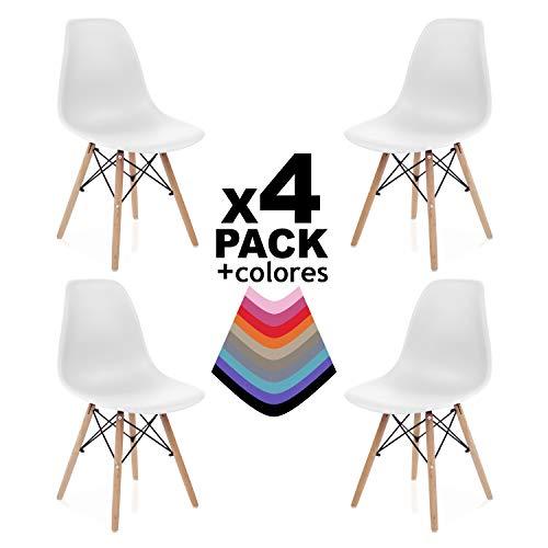 duehome (Nordik - Pack 4 sillas Color Blanco, Silla réplica Blanca y Madera de Haya, Medidas: 47 cm Ancho x 56 cm Fondo x 81 cm Altura