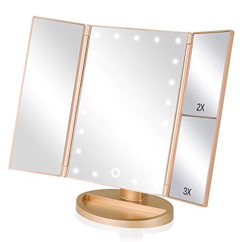 EASEHOLD Espejo de Mesa, Regalos Espejo de Maquillaje Tríptico con Aumentos 1x, 2X, 3X, Cosmético Espejo Plegable y Adjustable 180° con 21 LED con Mostrador, USB o Batería, para Mujer (Oro)