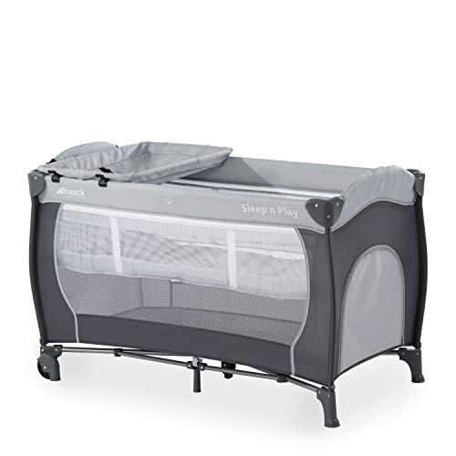Hauck Sleep N Play Center - Cuna de viaje 7 piezas hasta 15 kg, altura recién nacido, con apertura lateral, ruedas, colchón, cambiador bebe, bolsa de transporte, plegable y regulable, gris