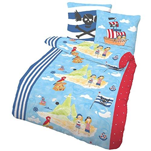 Ropa de cama de barco pirata, franela. Piratas, bucaneros y la isla del tesoro, en azul, rojo, funda de almohada 80 x 80 + Funda Nórdica 135 x 200 cm, 100% algodón.