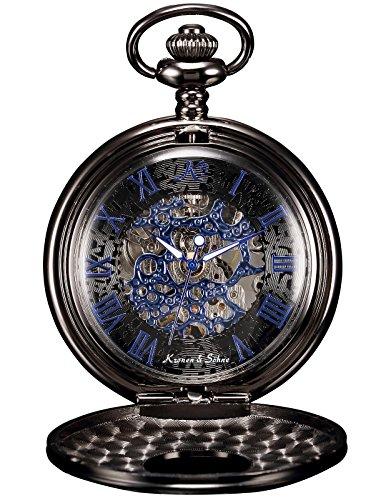 KS Reloj de Bolsillo Hombre con Cadena Esqueleto Mecánico Steampunk Negro KSP032