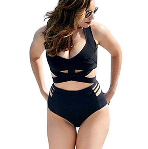 MissFox Mujeres Talla Grande Bikini Cintura Alta Acolchado De Tiras Traje De Baño (Negro,XXXL)