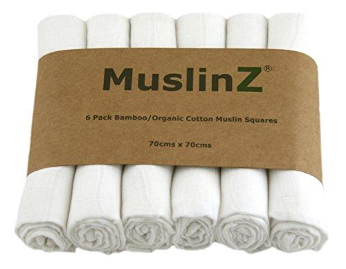 Muslinz Cuadrados de muselina de lujo de de bambú/algodón orgánico (70 cm, Blanco, 6 unidades)