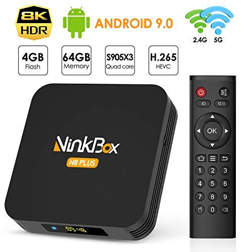 NinkBox Android TV Box 9.0, ?4G+64G? N8 Plus TV Box Android, Bluetooth 4.0, TV Box de Amlogic S905X3 Quad-Core 64bit Cortex-A55, LAN 100M Wi-Fi 2.4G/5G, 3D Ultra HD 8K Smart TV Box