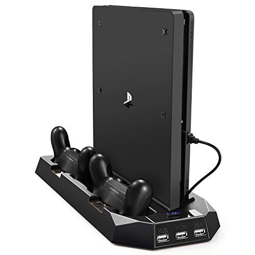 PECHAM Stand vertical para PS4/PS4 Slim con ventilación dual, estación de carga de mandos y 3 puertos USB