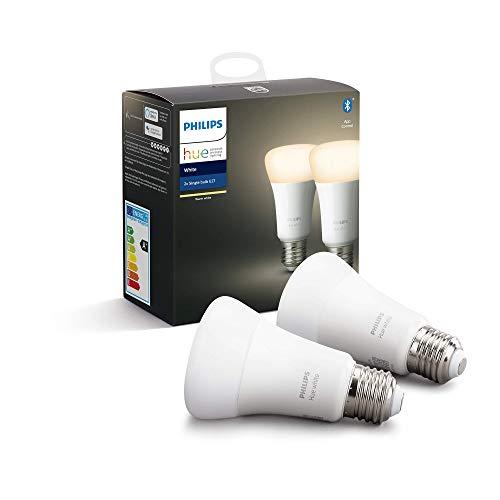 Philips Hue White Pack de 2 bombillas LED inteligentes E27, luz blanca cálida, compatible con Bluetooth y Zigbee (Puente Hue opcional), funciona con Alexa y Google Home