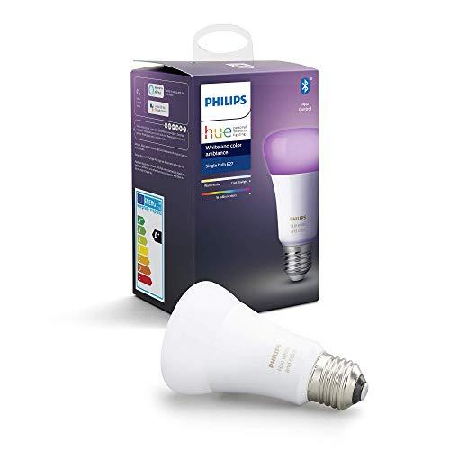 Philips Hue White and Color Ambiance bombilla LED inteligente E27, luz blanca y de colores, compatible con Bluetooth y Zigbee (Puente Hue opcional), funciona con Alexa y Google Home