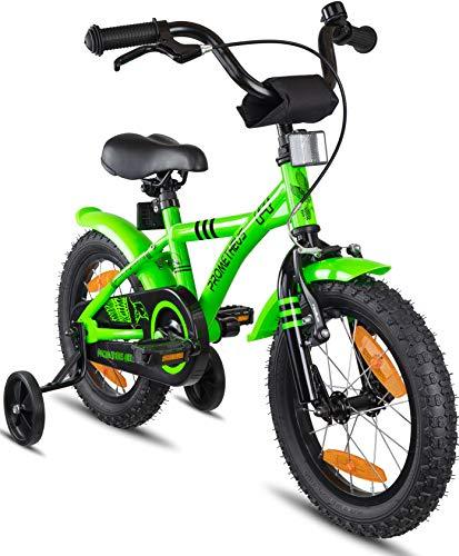 Prometheus Bicicleta Infantil | 14 Pulgadas | niño y niña | Verde Negro | A Partir de 4 años | con ruedines y Freno de contrapedal | 14" Modelo BMX 2019