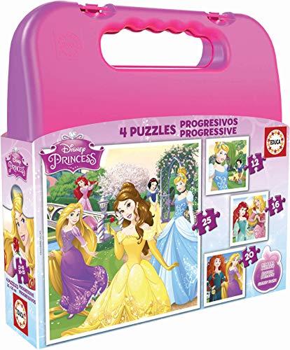 Educa Borrás - Maleta con Puzzles progresivos de Princesas Disney, 12-16-20-25 piezas (16508)