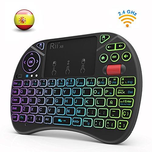 Rii X8 (Nueva versión 2018) - Mini teclado inalámbrico retroiluminado con pantalla táctil 2.4GHz y Rueda de Scroll, dispone de 8 cambios de color