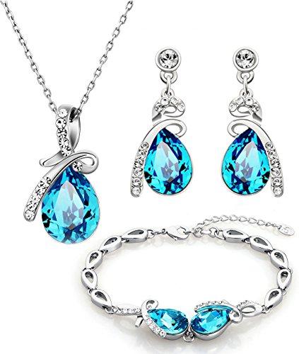 NEOGLORY Conjunto Collar Pulsera Pendientes con Cristales Swarovski Azul Joya Original Regalo Mujer Chica