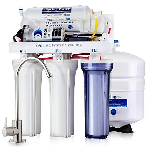 Sistema de filtrado de agua iSpring 75GPD de ósmosis inversa de 5 etapas con bomba potenciadora, modelo RCC7P
