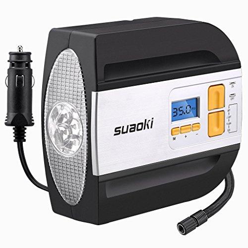 Suaoki RCP - Compresor de aire digital, bomba inflador portátil con luz LED (12V, 100 PSI, 2 adaptadores boquilla, 0.47m aire manguera, 3m cable con mechero, para neumáticos, objetos inflables)