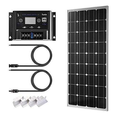 Sunix 100W 12V Panel Solar monocristalino, Controlador de Carga de 10A con Fusible de batería, Ideal para Caravana, jardín häuse, con Conectores MC4 + Soportes de Montaje para Sistema de batería
