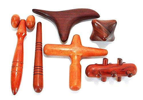 Juego de 6 unidades.Masajeadores de madera para reflexología, masaje tradicional tailandés (para mano, cabeza, pies, cara y cuerpo), madera roja