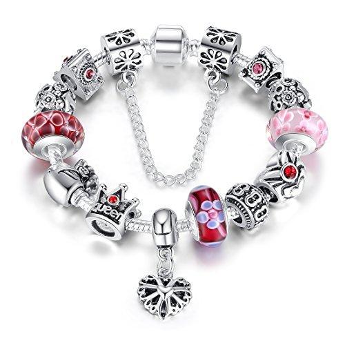 Wostu Pulsera charms de mujer joyas plateado de plata con charms de cristal de murano regalo para mujer niña Cumpleaños San Valentin